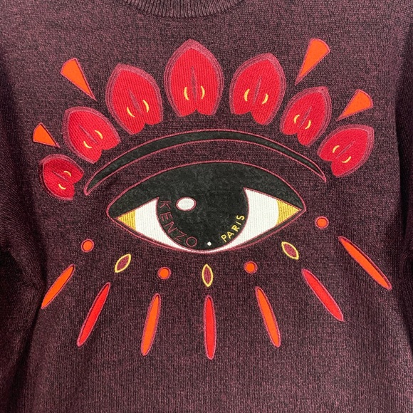 Kenzo Paris Evil Eye Crewneck Sweater Sz Medium Wool Blend Burgundy Embroidered - Picture 3 of 16